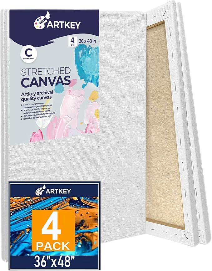 Stretched Canvases for Painting 36x48 Inch 4-Pack, 12.3 oz Triple Primed Acid-Free 100% Cotton Blank Canvas, Art Canvases for Oil Paint Acrylics Pouring & Wet Art Media, Pour Painting