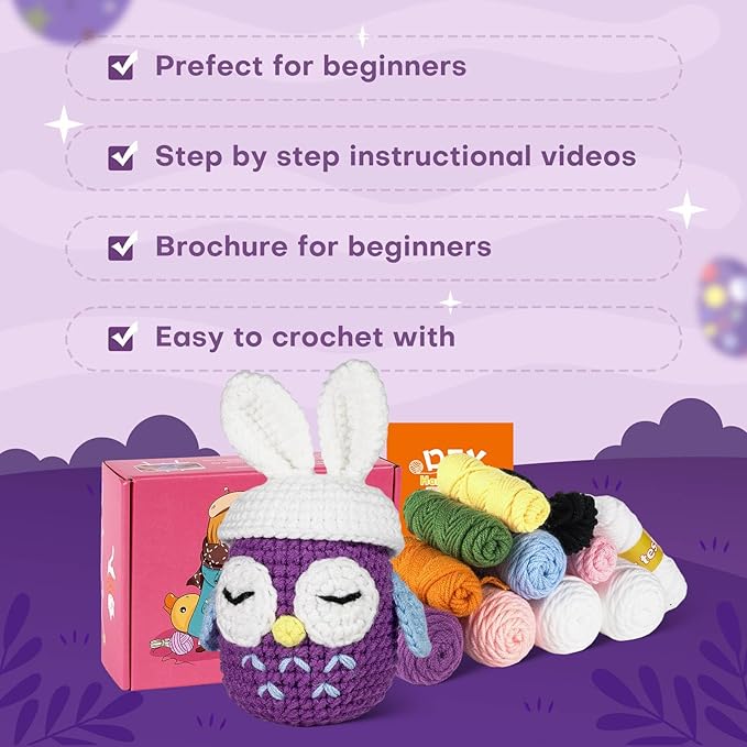 yhwsymgmho Crochet Kit for Beginners:2pcs Animals Crochet Starter Kits with Step-by-Step Video Tutorials,Easy Knitting Set for Adults Kids,DIY Crocheting Doll Gift(Thanksgiving Bunny and owl)