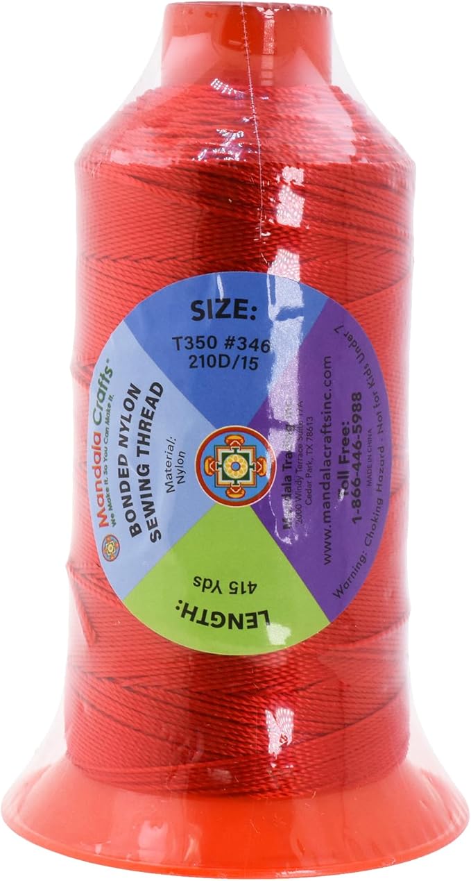 Mandala Crafts Bonded Nylon Thread Red Heavy Duty Sewing Threads - 415 YDs Size 346 210D T350 Tex 350 Thread for Leather Jeans Weaving Outdoor Marine Upholstery Threads