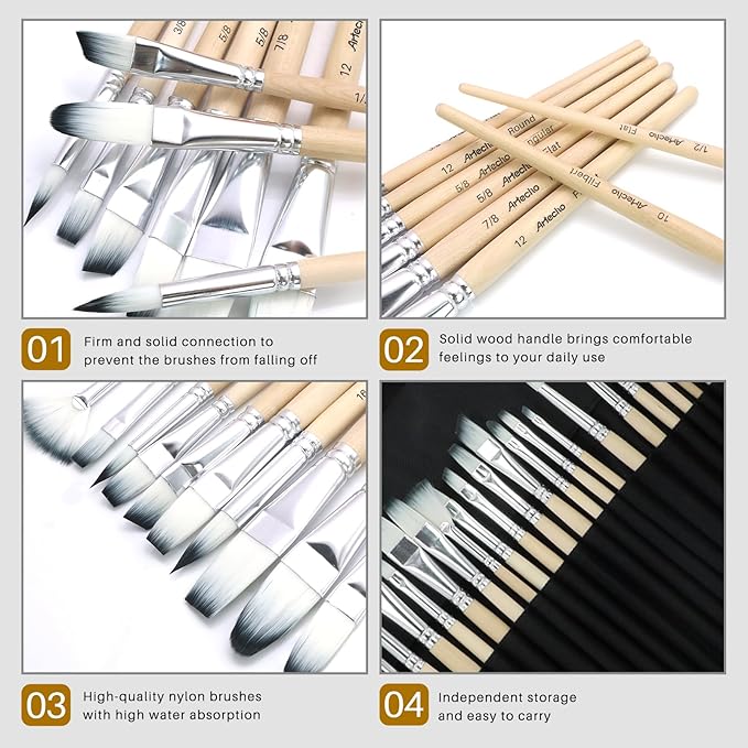 Artecho 32 PCS Paint Brushes for Acrylic Painting, Acrylic Paint Brushes for Oil, Watercolor, Acrylic, Gouache and Canvas Painting