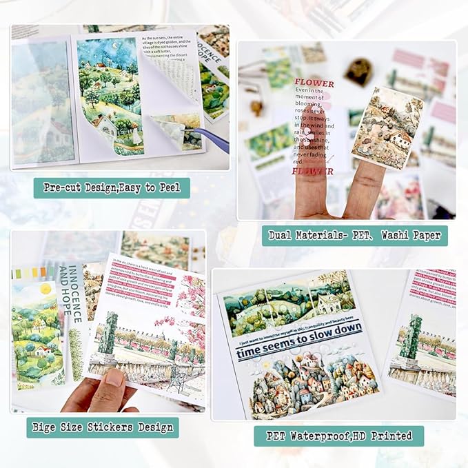 40 Sheets Pre-Cut PET Washi Sticker Books for Scrapbooking, Garden and Country Road Theme Decorative Background Scrap Book Stickers for Journaling, Junk Journal Supplies, Collage