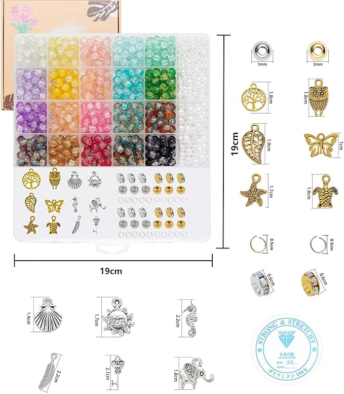 Glass Beads Bracelet Making Kit, 20 Colors 8mm Crackle Glass Beads for Jewelry Making, Crystal Glass Round Beads Friendship Bracelet kit for DIY Crafts Gifts