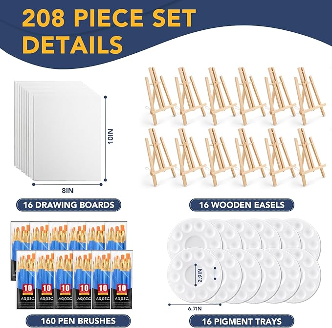 AROIC 208 Pack Easel and Canvas Sets with 16 Wood Easels,160 Brushes,16 Canvas and 16 Palette, Painting Set, Tabletop Easel, Art Easels, Painting Supplies for Kids & Adults to Paint Party