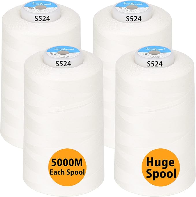 Simthread All Purpose Sewing Thread from 100% Spun Polyester for Serger, Overlock, Merrow, Quilting Sewing 4 Big Cones of 5000M (5500 Yards) Each - 40S/2 Natural