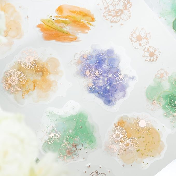 TIAMECH Starlight Flower Charm PET Stickers - 60 Pcs Orchid Peony & Sunshine Sweet Blossom Design, Waterproof Sticker for Journaling & Scrapbooking, Junk Journal Supplies, Ephemera & DIY Crafts