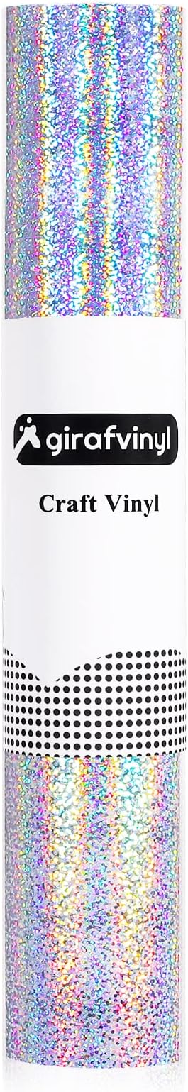 GIRAFVYINL Holographic Vinyl Silver Glitter Vinyl - 12” x 10FT Holographic Permanent Vinyl Glitter Adhesive Vinyl for Craft, Easy to Weed Vinyl Work with Vinyl Cutter