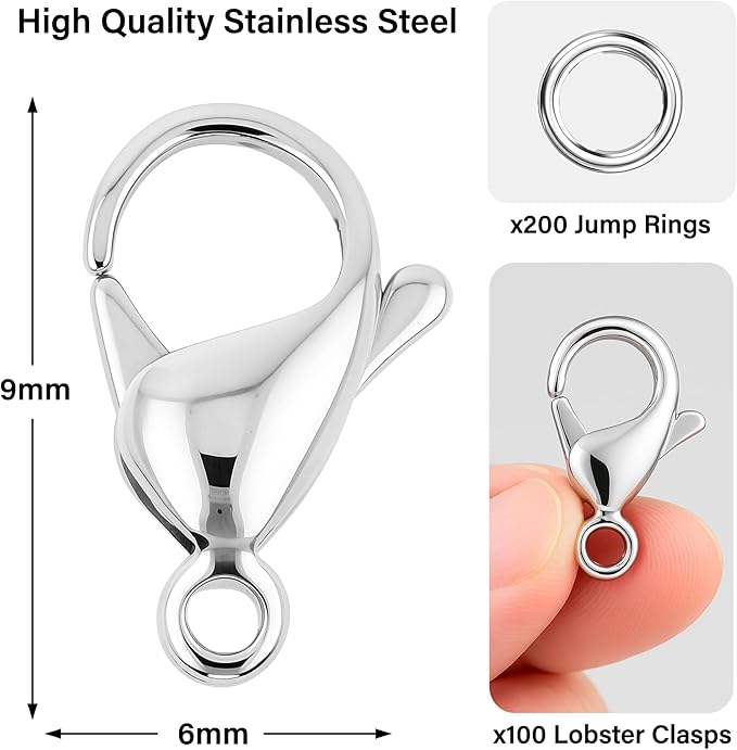 Mandala Crafts 9mm Stainless Steel Lobster Clasps for Jewelry Making - 100 PCs SS Lobster Claw Clasps with Jump Rings Jewelry Findings Kit for Necklaces Bracelets Charms Fasteners