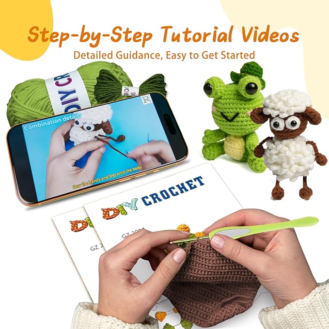 YOKISS 8Pcs Beginner Crochet Starter Kit, Creative Christmas Gifts & Birthday Gifts for Adults & Kids, Popular DIY Patterns, 40% Extra Yarn Crochet Animals Kits with Step-by-Step Video Tutorials