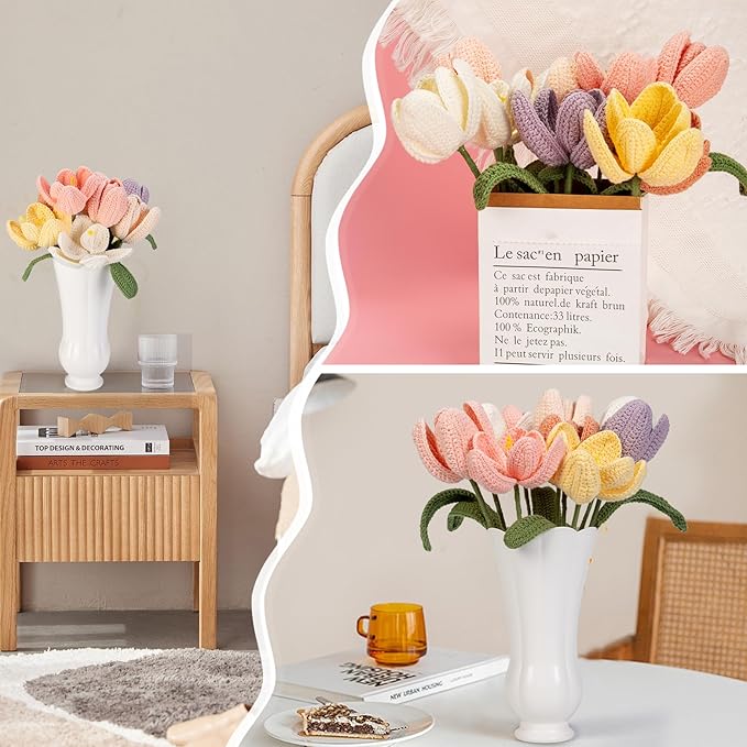 Noocro Crochet Kit Flower Bouquet, Rose, Lily Myosotis, Poppy, Tulip and Orchid with Video Tutorial and Detailed Instructions, Complete Kit Craft Supplies Holiday Gift (Tulip)