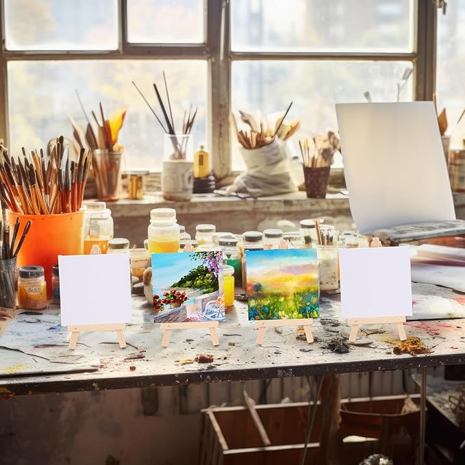 40 Pack Mini Canvas and Easel Set for Painting Canvas Panels with 5.9 Inch Wooden Easels for Oil Acrylic Painting Birthday Baby Shower Back to School Party Favors (4 x 4 Inch)