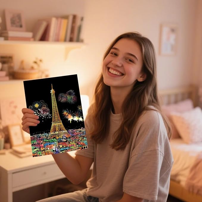 Scratch Art Book(A4-10Page) for Adults & Teens – ASMR Stress-Relieving Scratch Off Art | Paint by Scratch Kit Set | Travel Landmarks & Engraving Art | Creative Gift for Adults (Colorful City Series B)