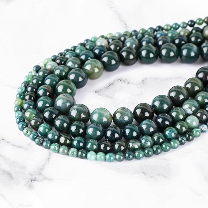 10mm 100pcs Natural Stone Beads Green Moss Agate Round Genuine Stone Beading Loose Gemstone Hole Size 1mm DIY Charm Smooth Beads for Bracelet Necklace Earrings (Green Moss Agate 10mm)