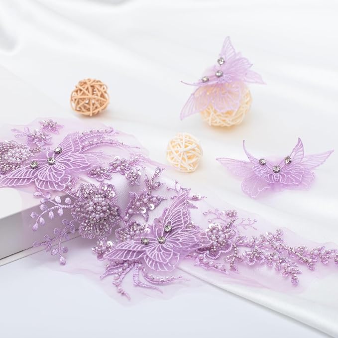 Flower Pearl Fabric Rhinestones Beaded Lace Applique,3D Butterfly Embroidered Lace Patch for Clothes,Dress (Purple)
