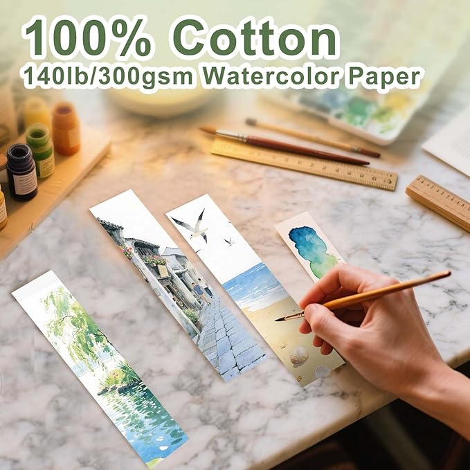 50 PCS Watercolor Paper Blank Bookmarks 1.9" x 7.8", 100% Cotton 140lb/300gsm Watercolor Paper Cards for DIY Classroom and Gifts Tags