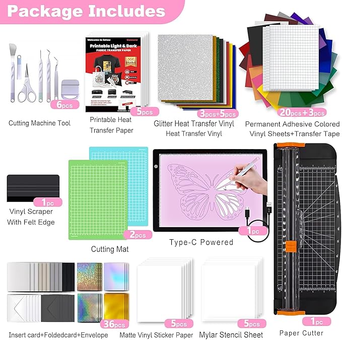 The All-in-One Accessories and Supplies Bundle for Xtra-103Pcs Starter Kit with Weeding Tools, HTVs, Permanent Vinyl, Transfer Paper, LED Light Pad, Paper Cutter for Crafting Projects