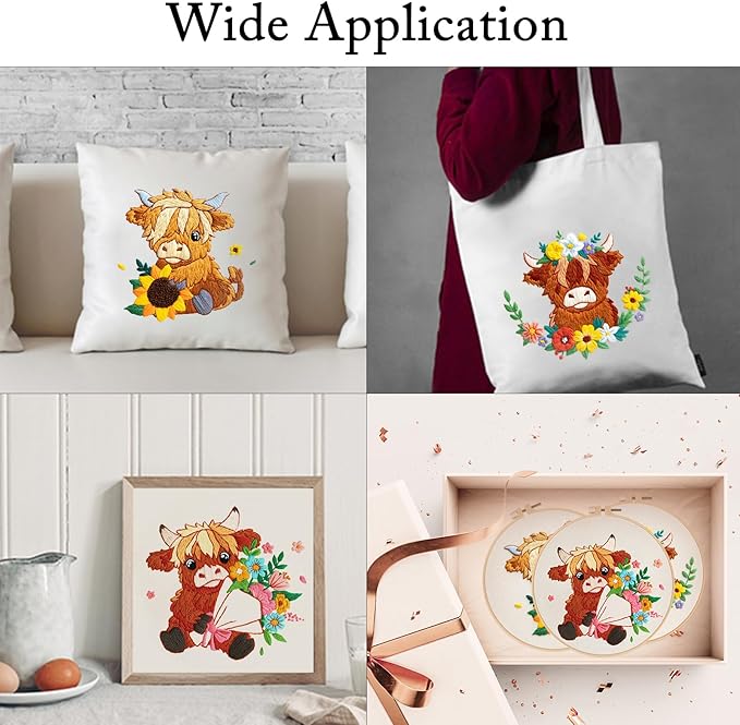 Nuberlic Highland Cow Embroidery Kit 3 Pack Embroidery Kits for Adults Beginners Starter Cross Stitch Kit Set with Floral Designs - Perfect DIY Gift