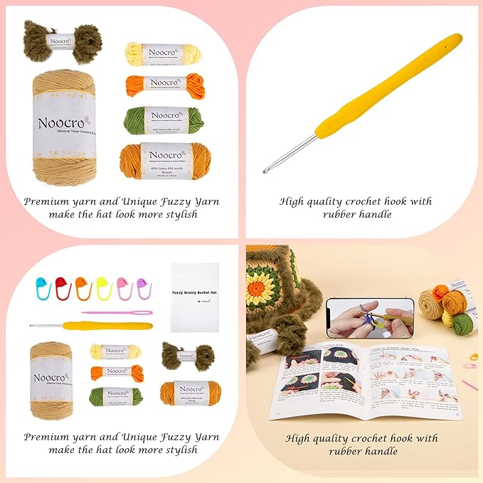 Noocro Crochet Kit for Beginners or Intermediate Level, Fuzzy Granny Square Bucket Hat, Step by Step Video Tutorial, Detailed Instruction Complete Kit Craft Supplies Holiday Gift (Olive Grove)