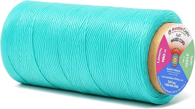 Mandala Crafts Turquoise Flat Waxed Thread for Leather Sewing - 197 Yds 210D 1mm Polyester Leather Thread String Waxed Cord for Leatherwork, Beading, Bookbinding, Hand Stitching