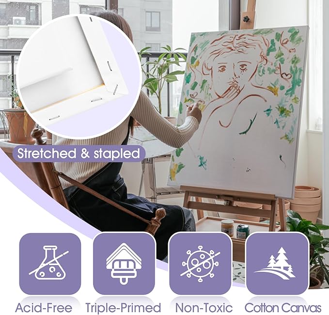 ESRICH Stretched Canvas for Painting 24x36 Inch, 5Pack Large Canvas for Painting, Primed Acid-Free Cotton Blank Canvases, Art Paint Canvases for Oil Paint,Watercolor,Acrylic Paint,Gouache and Tempera.