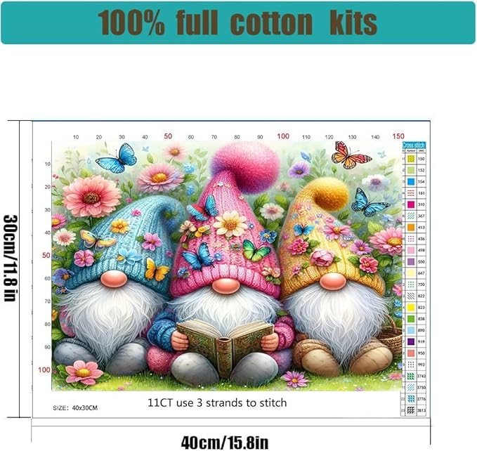 Lzyueyuan Gnomes Stamped Cross Stitch Kits for Adults Beginner,Book Flower Cross Stitch Ornament Kits Counted Embroidery Needlepoint Kits Home Decor 15.7X11.8inch