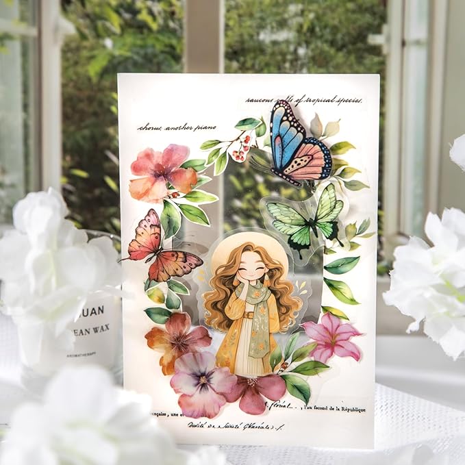 TIAMECH Branch Gossip PET Stickers - 120 Pcs Spring Bloom Flower & Brocade Leaves Beauty Design, Waterproof Sticker for Journaling & Scrapbooking, Junk Journal Supplies, Ephemera & DIY Crafts