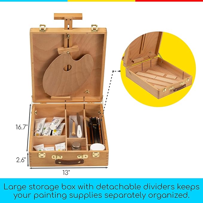 MEEDEN Extra-Large Tabletop Easel, Solid Beech Wood Table Top Easels for Painting Canvas, Sketchbox Easel, Table Art Easel for Adults & Artist, Art Supplies Storage Box,Hold Canvas Up to 28"