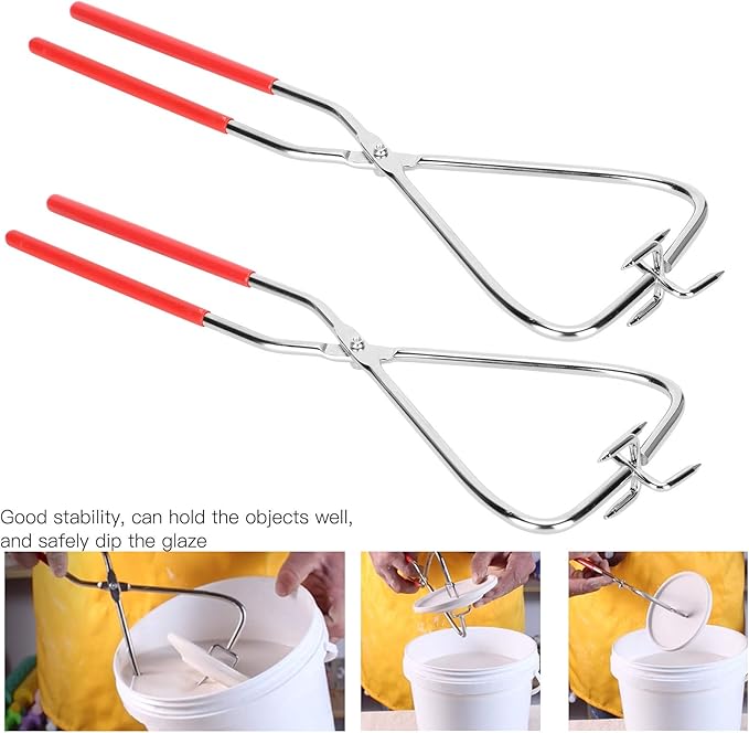 Kodrily Dipping Tongs Glazing Tools, 2Pcs Ceramic Glazing Tongs, Stainless Steel Sculpting Tongs with Rubber Handle, Pottery Clay Glaze Clamps Ceramic Glazing Tools for Kiln Clay