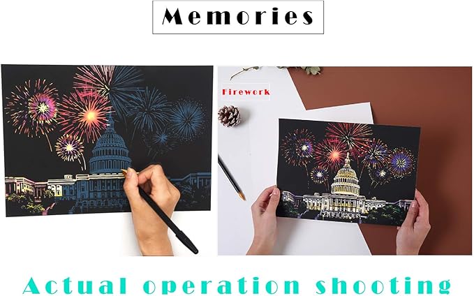 Scratch Art for Adults and Kids-City Landmarks Scratch Painting Craft Kit (8 Sheets A4)|DIY Foil Engraving Art Set|Stress Relief Gift for Travel Lovers, Craft Lovers, Home Decor (Firework&Sakura)