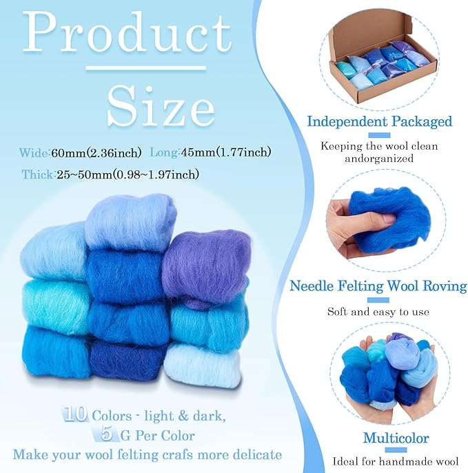 FASHEWELRY 1.76 OZ Wool Felt Kit Blue Theme Needle Felting Wool Roving 10 Colors Nature Wool Roving for Needle Felting Wet Felting DIY Hand Spinning
