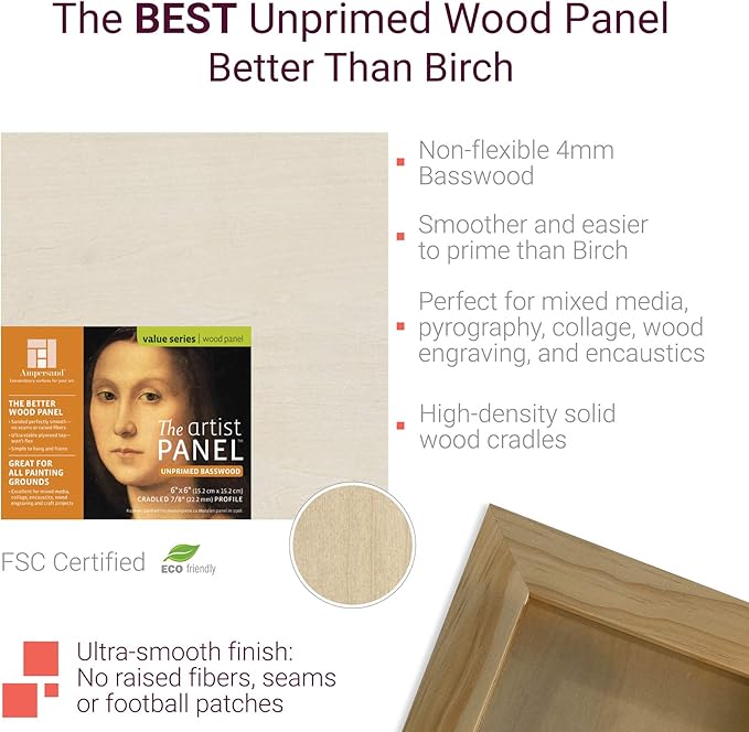 Ampersand Art Supply Unprimed Basswood Artist Panel, 1-1/2" Cradled Profile, 4"x4"