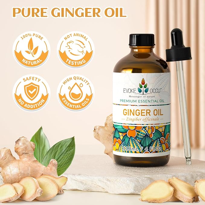 EVOKE OCCU 100% Pure Ginger Oil, Natural Ginger Essential Oil for Massage, Diffuser, Hair, Skin, DIY - 4 Fl Oz