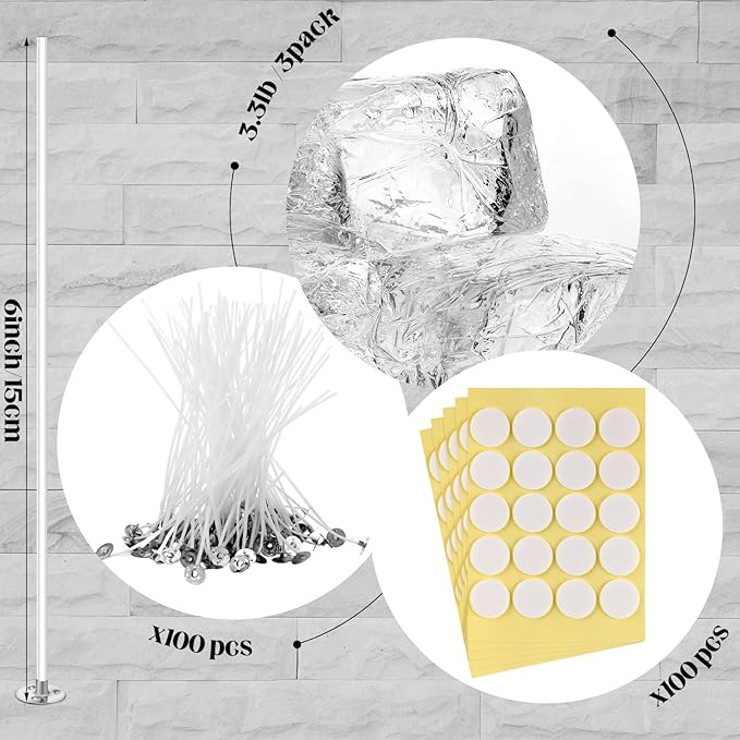 Heigble 6.6 lb High Density Transparent Gel Candle Wax Clear Gel Wax Jelly Candle 100 Pcs Wick and 100 Pcs Wick Stickers for DIY Making Handmade Projects Material Supplies