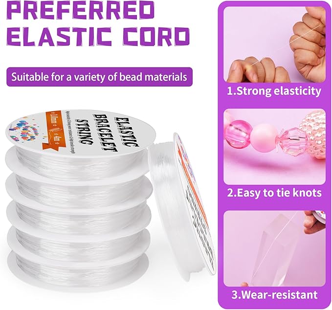 JUPEAN 1 mm Stretchy Bracelet String Elastic String for Bracelet Making Easy to Knot with Jewelry Making Supplies Beading Needles and Container for Storage