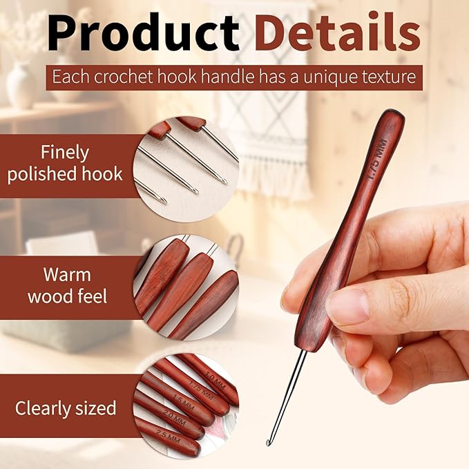 1.75mm Crochet Hook, Available in 0.5 mm- 3 mm, Ergonomic Hand-Polished Wooden Handle Crochet Hook for Arthritic Hands, for Beginners, and Crocheting Yarn (2Pcs)