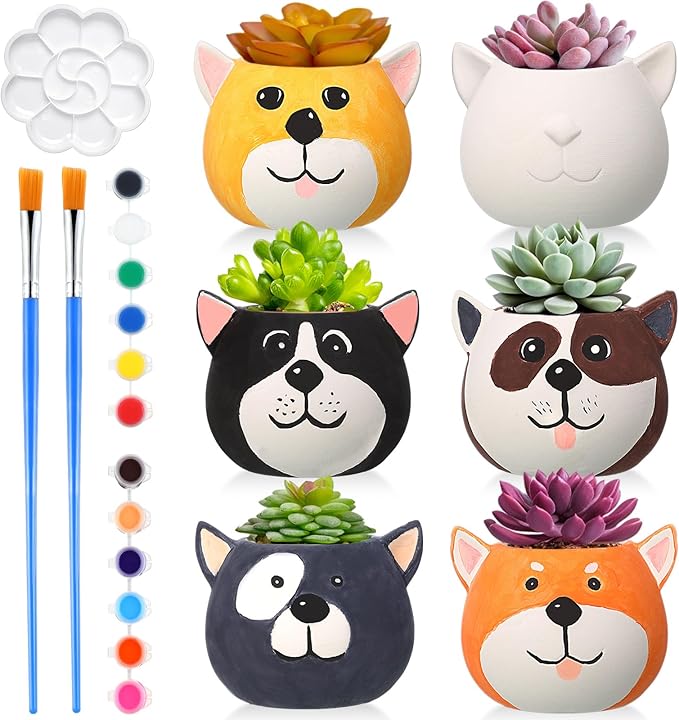 Pasimy 6 Set DIY Ceramic Succulent Planter Pots Paint Your Own Flower Pots Craft Kit Unpainted Bisque Paintable Flowerpot with Brush Palette Ready to Paint for Family Activity Gift(Dog)