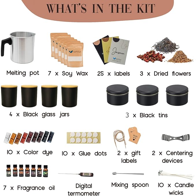 SoftOwl Premium Soy Candle Making Kit - Black Edition - Full Set - Soy Wax, Big 7oz Jars & Tins, 7 Pleasant Scents, 10 Color Dyes & More - Perfect as Home Decorations