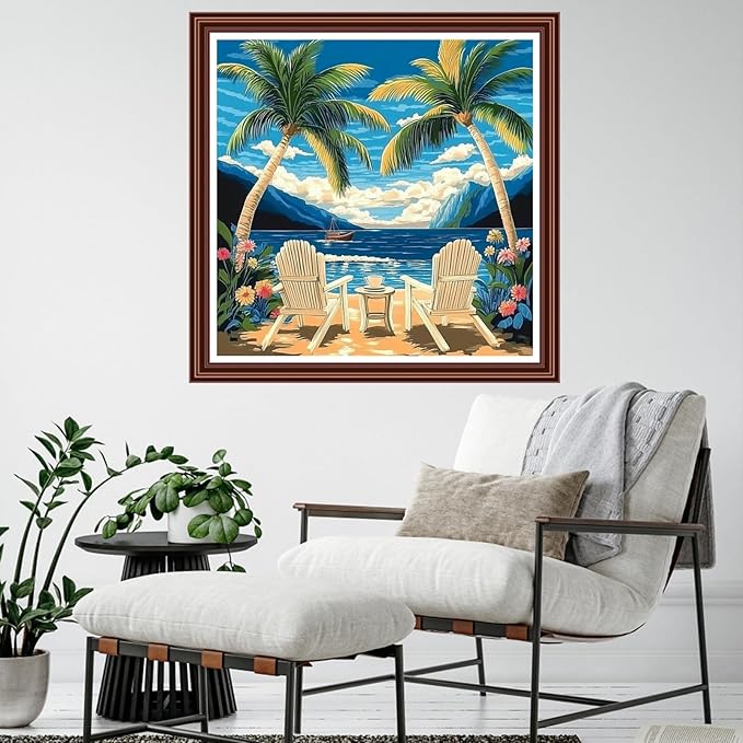 Dimensean Counted Cross Stitch Kit for Beginners, 11CT Unprinted Cross-Stitch Kit Easy Patterns Needlepoint Kit Cross Stitching Embroidery Kit Supplies-Rest Under The Coconut Tree 18x18 inch