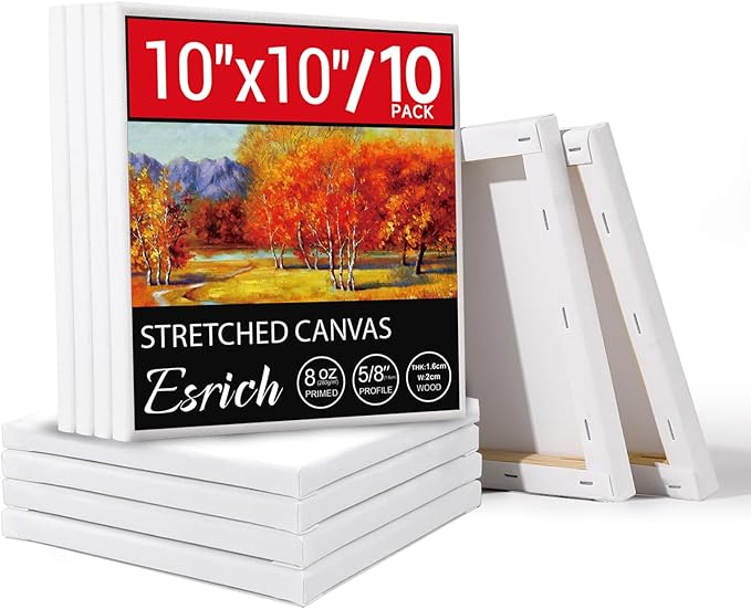 ESRICH 10x10 Stretched Canvas for Painting, 10 Pack Square Canvas for Painting Primed Acid-Free Framed Blank Canvas, Art Canvases for Beginners & Artists to Paint Oil, Acrylic, Pouring Painting.