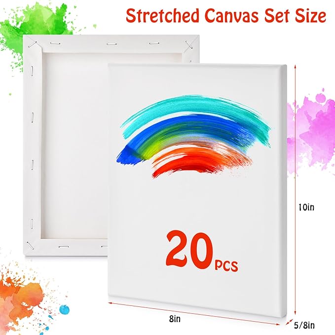 Stretched Canvas for Painting - 8x10 Inch/20 Canvas Value Pack - Triple Primer Acid Free 100% Cotton Blank Canvas for Painting Supplies Oil and Acrylic Pouring Art Watercolor