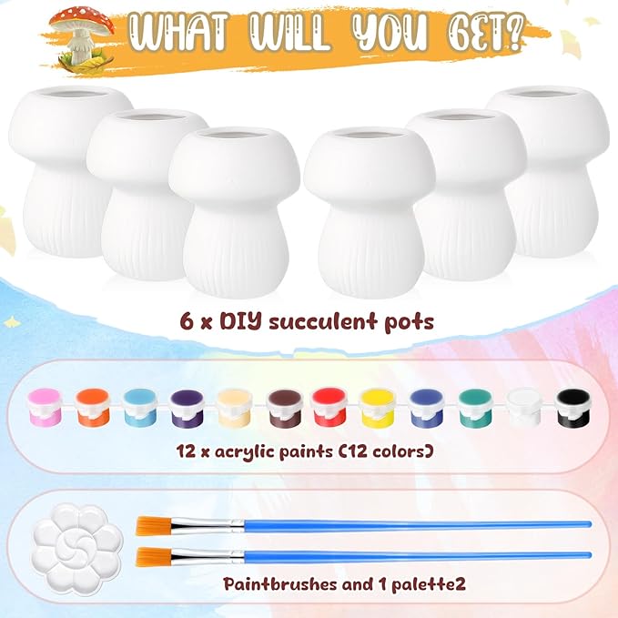 Pasimy 6 Set DIY Ceramic Succulent Planter Pots Paint Your Own Flower Pots Craft Kit Unpainted Bisque Paintable Flowerpot with Brush Palette Ready to Paint for Family Activity Gift(Mushroom)