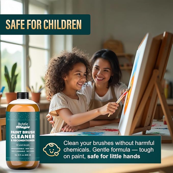 Oil Paint Brush Cleaner and Restorer-Paintbrush Cleaner for Acrylic, Oil, and Glass Paints-Biodegradable, Non-Toxic, Odorless, Eco-Friendly, Quick-Clean Formula Paint Remover (32 Fl Oz)