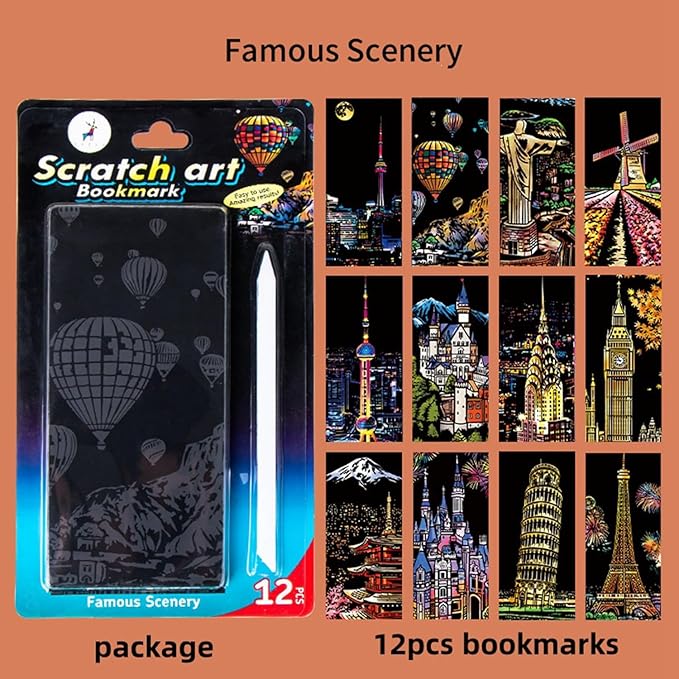 Georgie Porgy Scratch Paper Art Set for Kids Adults Magic Rainbow Scratchboards for DIY Arts and Crafts Kits Christmas Birthday Gift with Scratching Tools Kit (Bookmarks-Famous Scenery+Ancient Style)