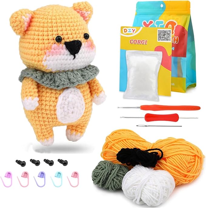 HKEUZEZO Crochet Kit for Beginners, Animal Dog Pattern Knitting Kit for Adults Kids with Step-by-Step Video Tutorials, Yarns Hook Accessories