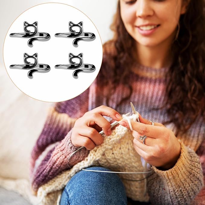 YUXIANLB 4pcs Knitting Crochet Loop Ring for Fingers Metal Open Yarn Guide Crochet Rings Adjustable Braided Faster Knitting Thimbles Holders Accessories for Crochet Mother Grandma Gifts (4Black)