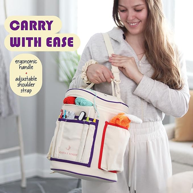 Hearth & Harbor Crochet Bag Organizer – Durable Knitting Bag, Yarn Organizer for Crochet Accessories and Supplies, Canvas Yarn Bag, Crochet Organizer with Accessories Case, Yarn Storage Organizer