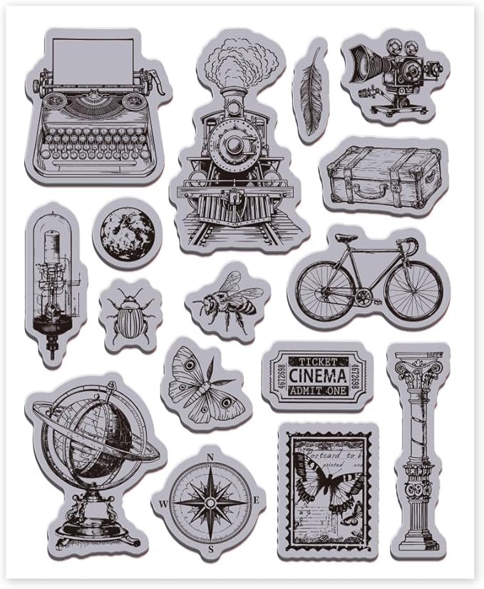 GLOBLELAND Retro Insect Train Cling Rubber Stamp 8.7"x7" Bicycle Butterfly Bee EVA Stamps Embossing Stamp Seal Rubber Stamps for DIY Scrapbooking and Card Making Paper Craft Decor