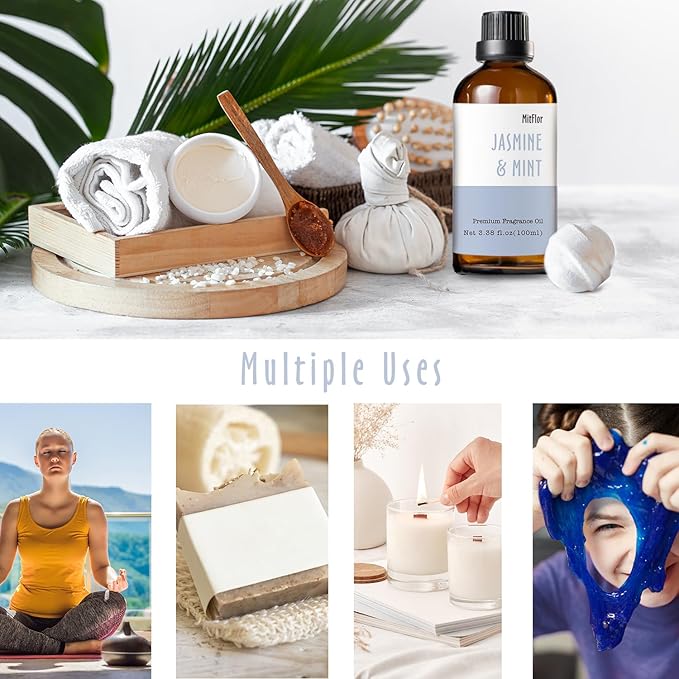 Jasmine & Mint Fragrance Oil, MitFlor 3.38 OZ/100ml Hotel Diffuser Oils,Premium Grade Fragrance Oil for Soap & Candle Making Scent, Aromatherapy Essential Oil, Fresh Scent for Home Fragrance