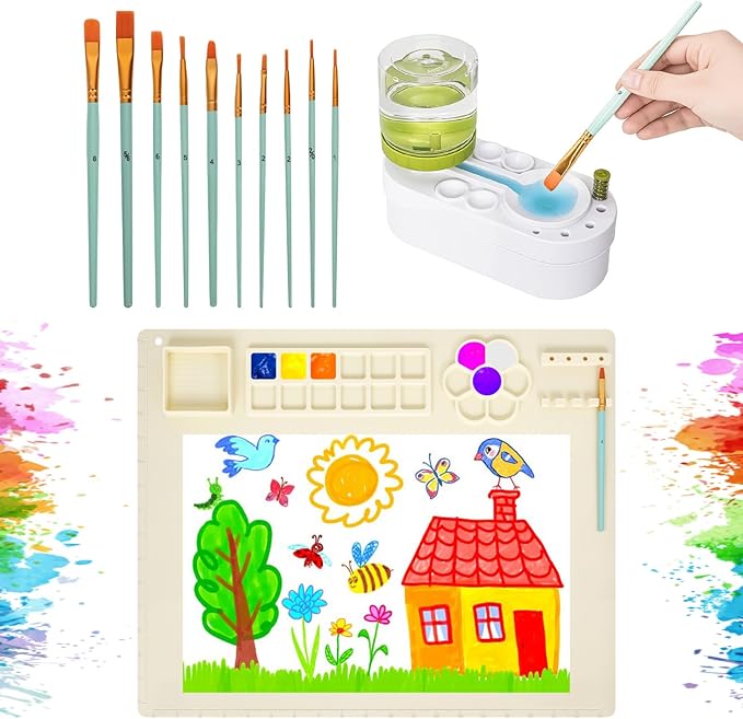 2025 New Painting Station, Paint Brush Cleaner (Pre-Assembled) and Silicone Painting Mat 20" X 16" Silicone Art Mat with 10 Paint Brushes for Artist Kids Adults Birthday Gifts (Green)