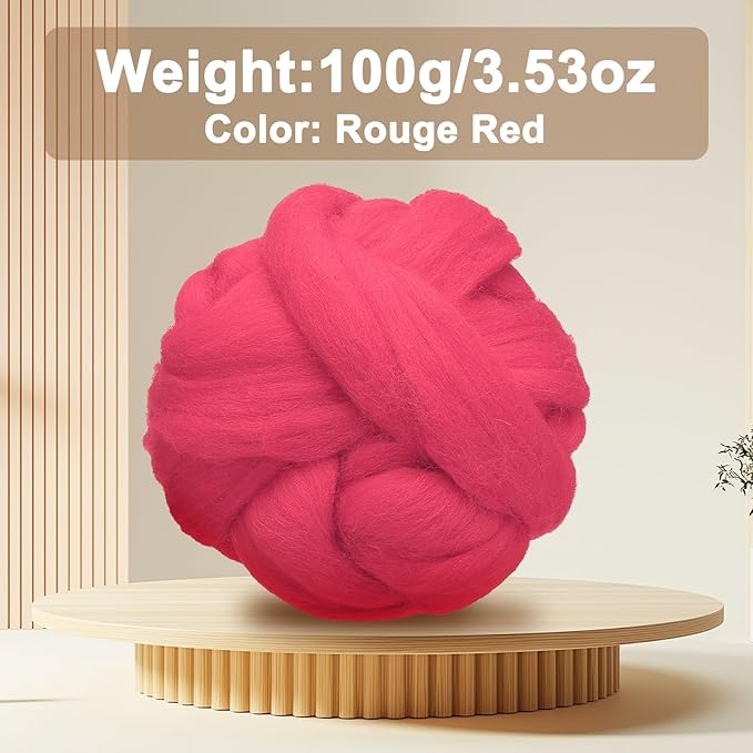 uxcell 3.53oz Wool Roving Yarn, Needle Felting Wool Fiber DIY Craft Needle Wet Felting Supplies for Blending Weaving Handcrafts, Rouge Red