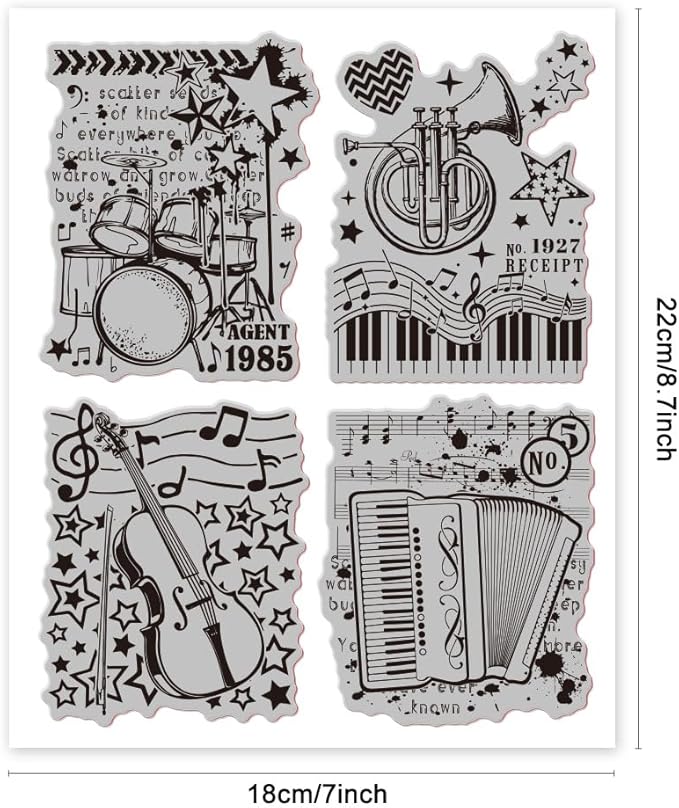 GLOBLELAND Vintage Music Background Cling Rubber Stamp Drum and Violin Musical Instrument 7x8.7inch Cling Stamps Embossing Stamp Seal for DIY Scrapbooking and Card Making Paper Craft Decor